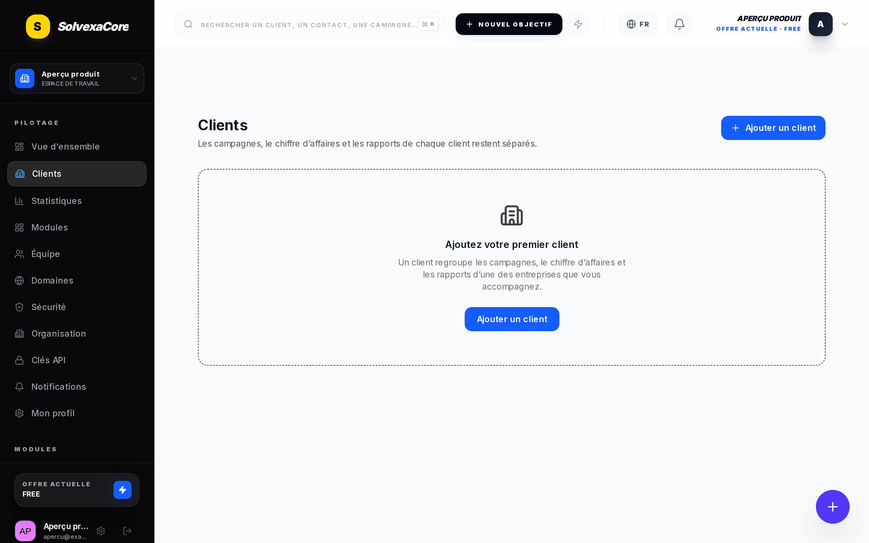 Capture d’écran de l’interface de SolvexaCore : la liste des clients d’une agence, vide, avec le texte expliquant qu’un client regroupe ses campagnes, son chiffre d’affaires et ses rapports.